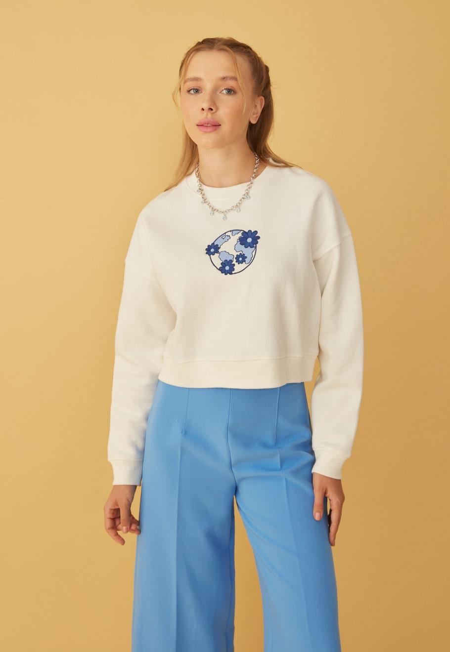 Kadın Önü Lacivert Baskılı 3 İplik Şardonlu Sweatshirt