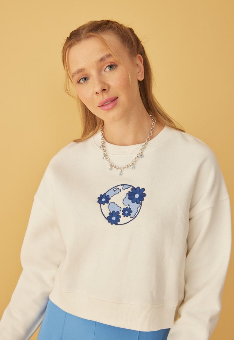 Kadın Önü Lacivert Nakışlı 3 İplik Şardonlu Sweatshirt