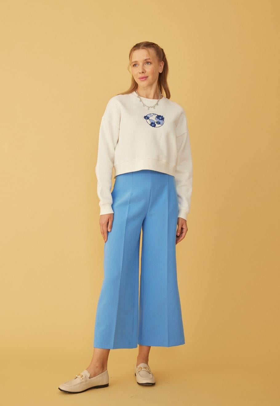 Kadın Önü Lacivert Nakışlı 3 İplik Şardonlu Sweatshirt