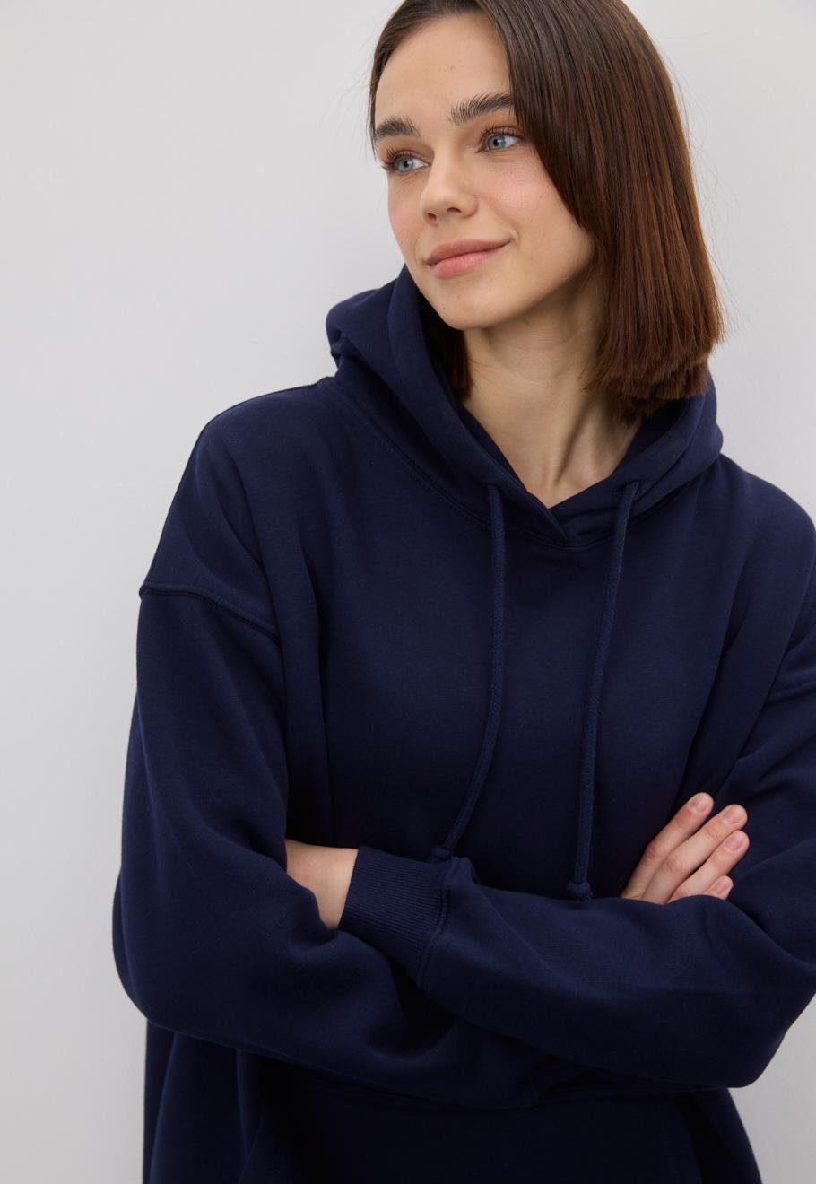 Kadın Oversize Navy Kapüşonlu Sweatshirt