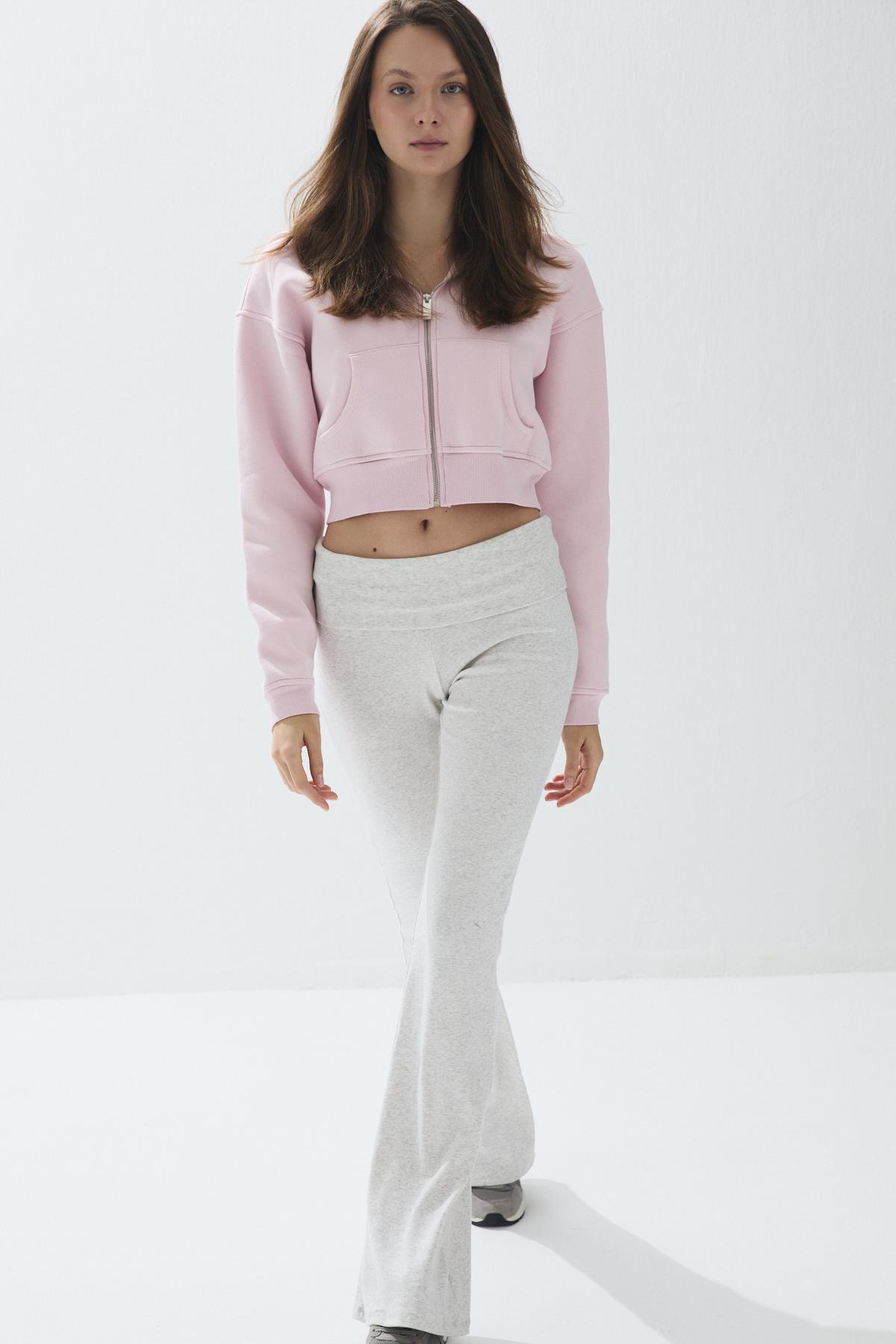 Kadın Parfait Pink Renk Kapüşonlu Şardonlu Crop Sweatshirt Hırka