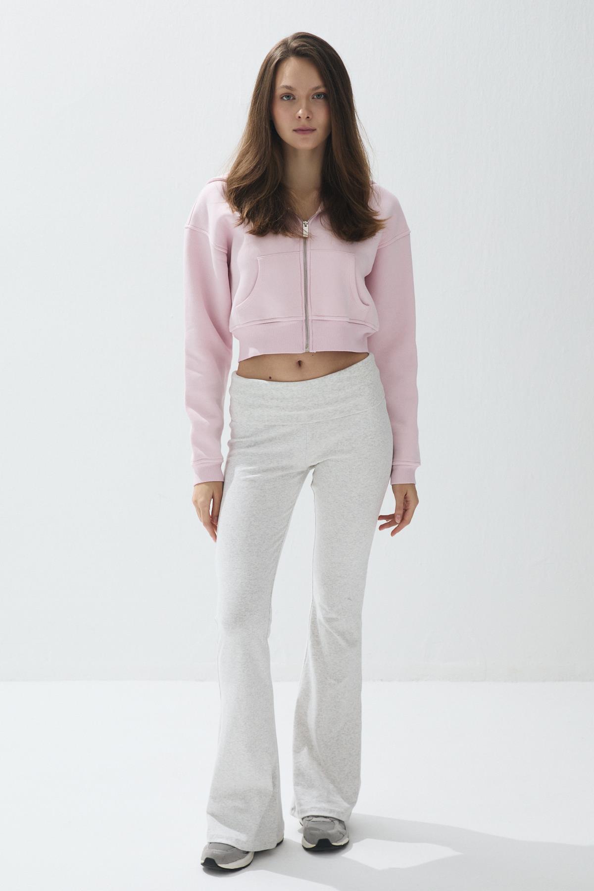 Kadın Parfait Pink Renk Kapüşonlu Şardonlu Crop Sweatshirt Hırka