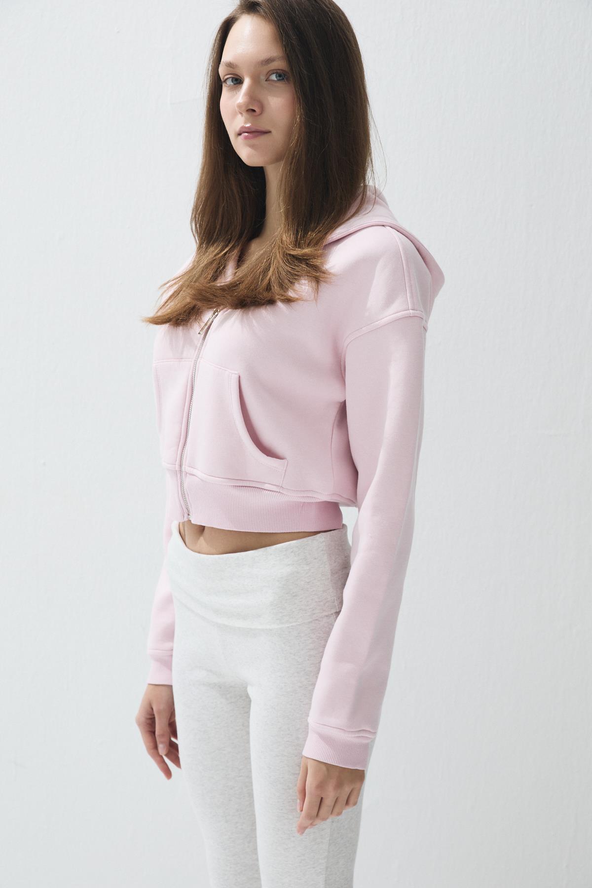 Kadın Parfait Pink Renk Kapüşonlu Şardonlu Crop Sweatshirt Hırka