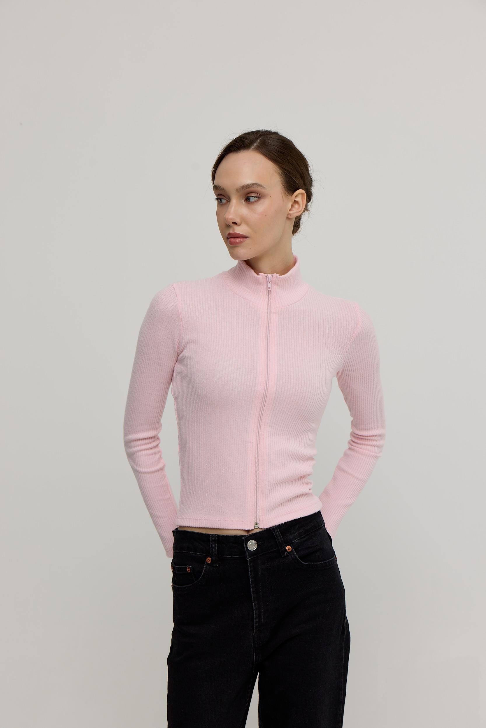 Kadın Pembe Renk Yarım Balıkçı Fermuarlı Crop Hırka