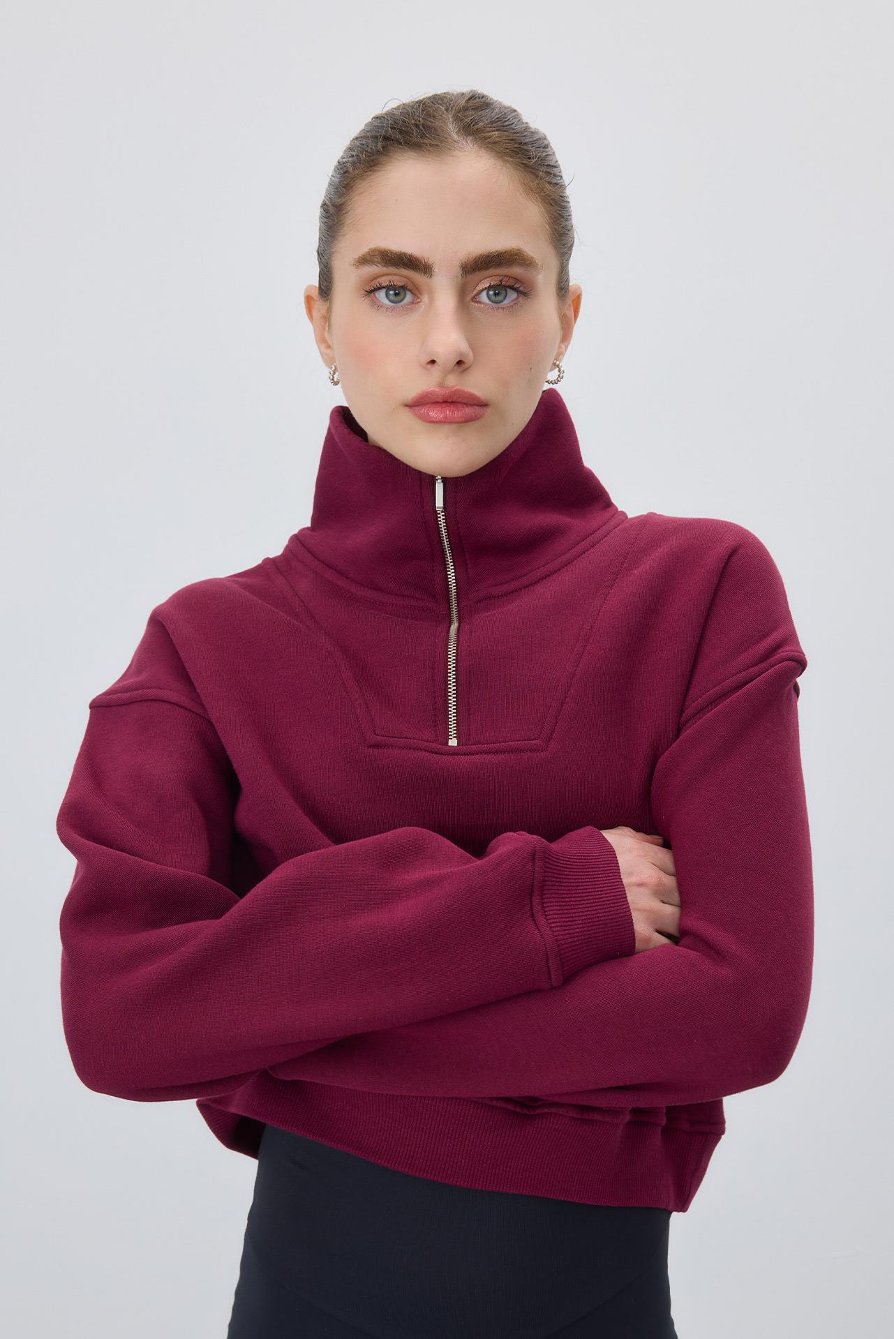 Kadın Şardonlu Yarım Balıkçı Yaka Fermuarlı Sweatshirt