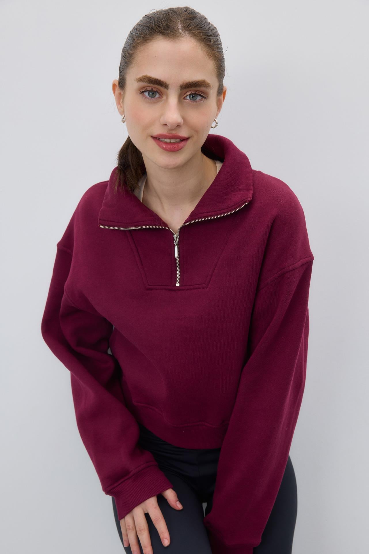 Kadın Şardonlu Yarım Balıkçı Yaka Fermuarlı Sweatshirt