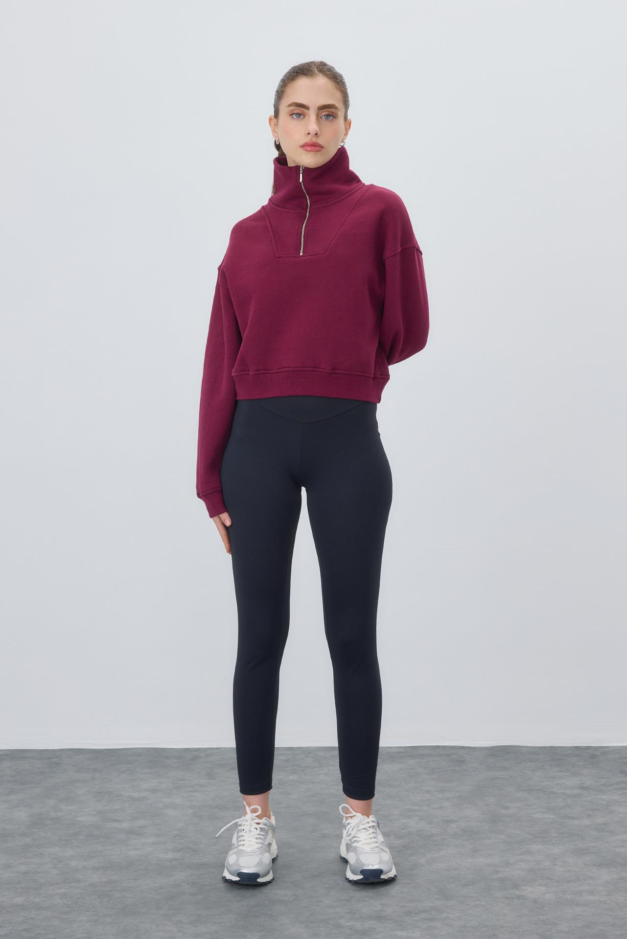 Kadın Şardonlu Yarım Balıkçı Yaka Fermuarlı Sweatshirt
