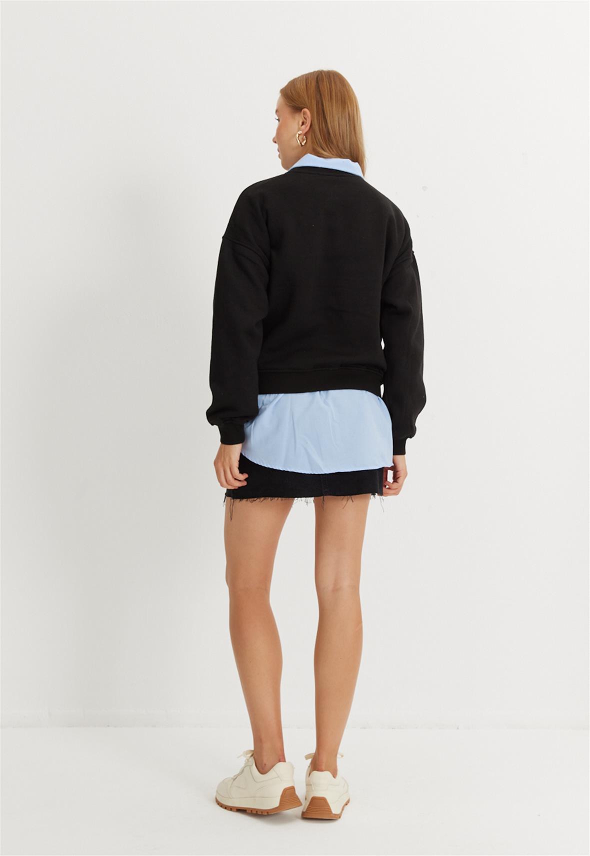 Kadın Siyah Nakış Baskılı Oversize Kısa Sweatshirt