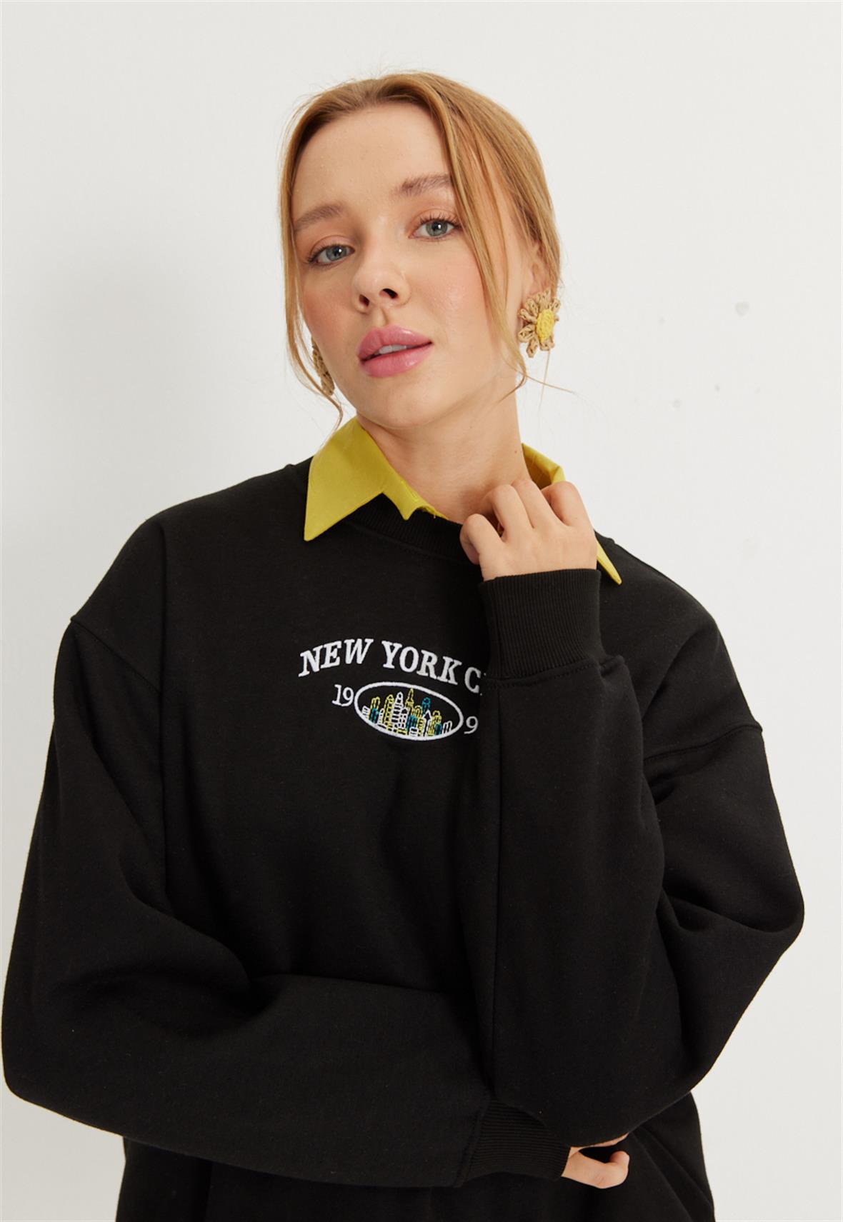 Kadın Siyah New York City Baskılı Oversize Sweatshirt