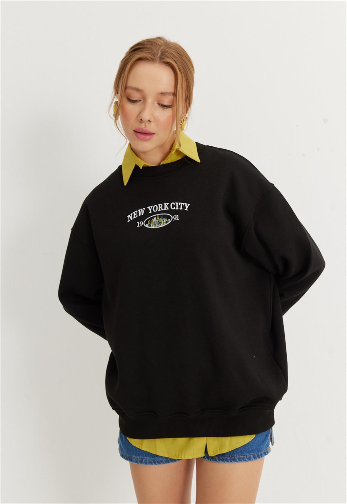 Kadın Siyah New York City Baskılı Oversize Sweatshirt