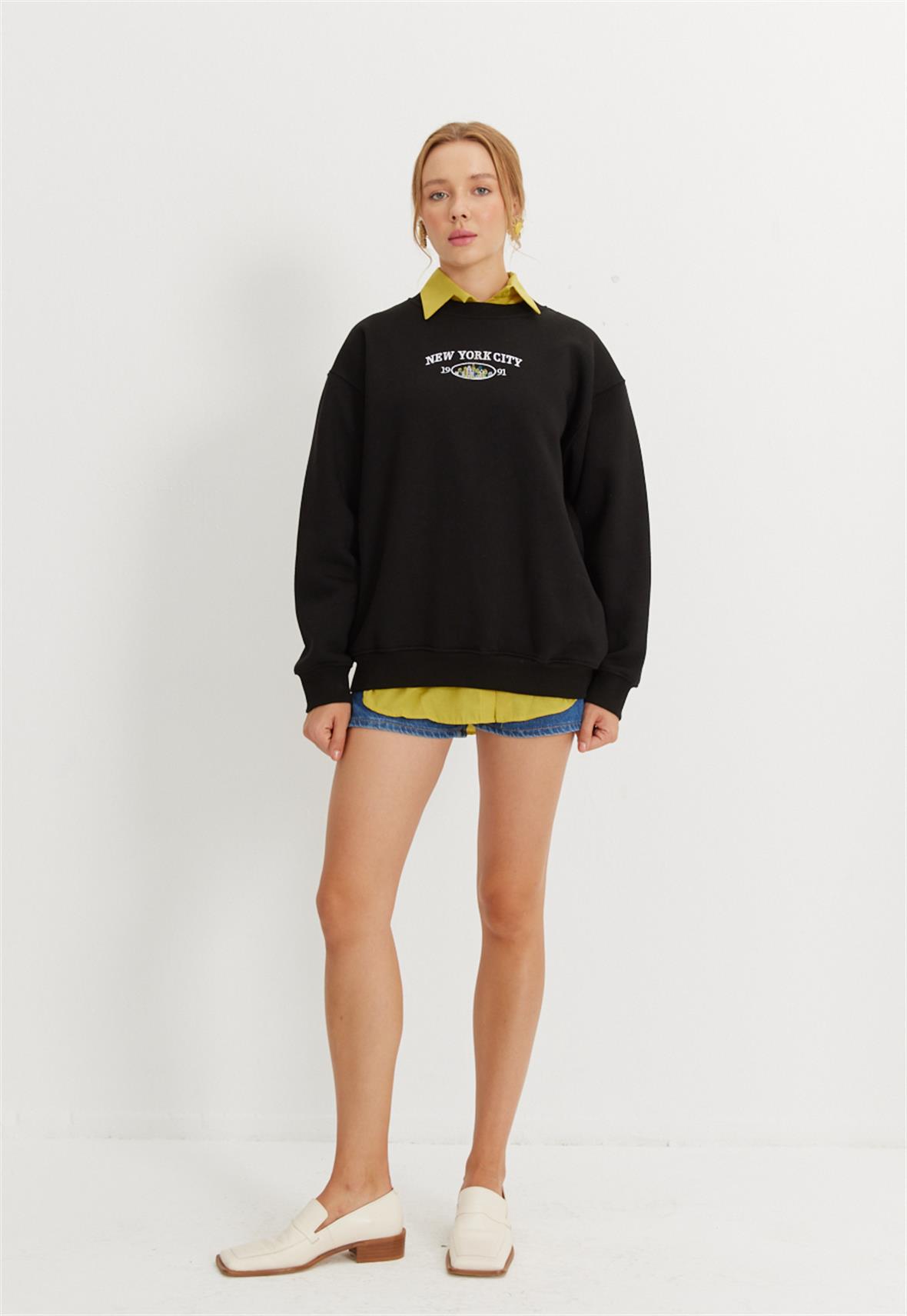 Kadın Siyah New York City Baskılı Oversize Sweatshirt