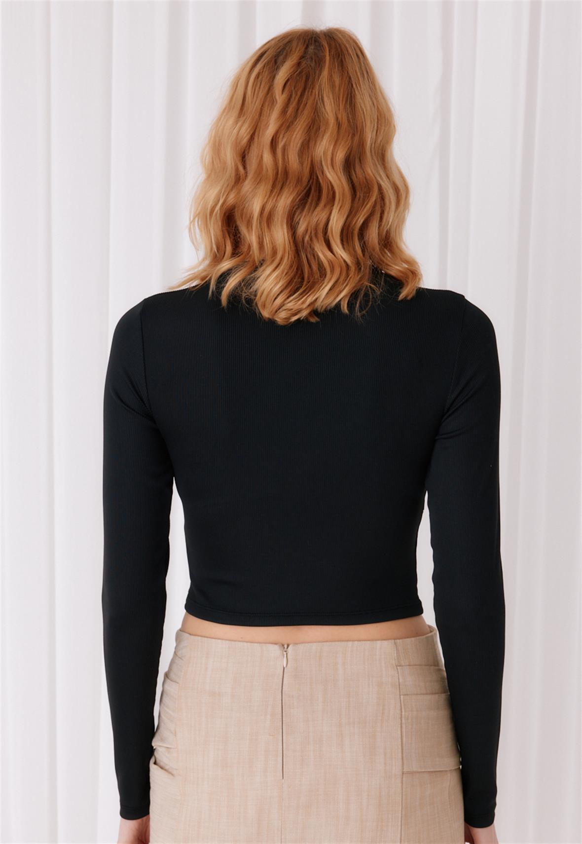 Kadın Siyah Renk Kaşkorse Uzun Kollu Korse Görünümlü Crop Bluz