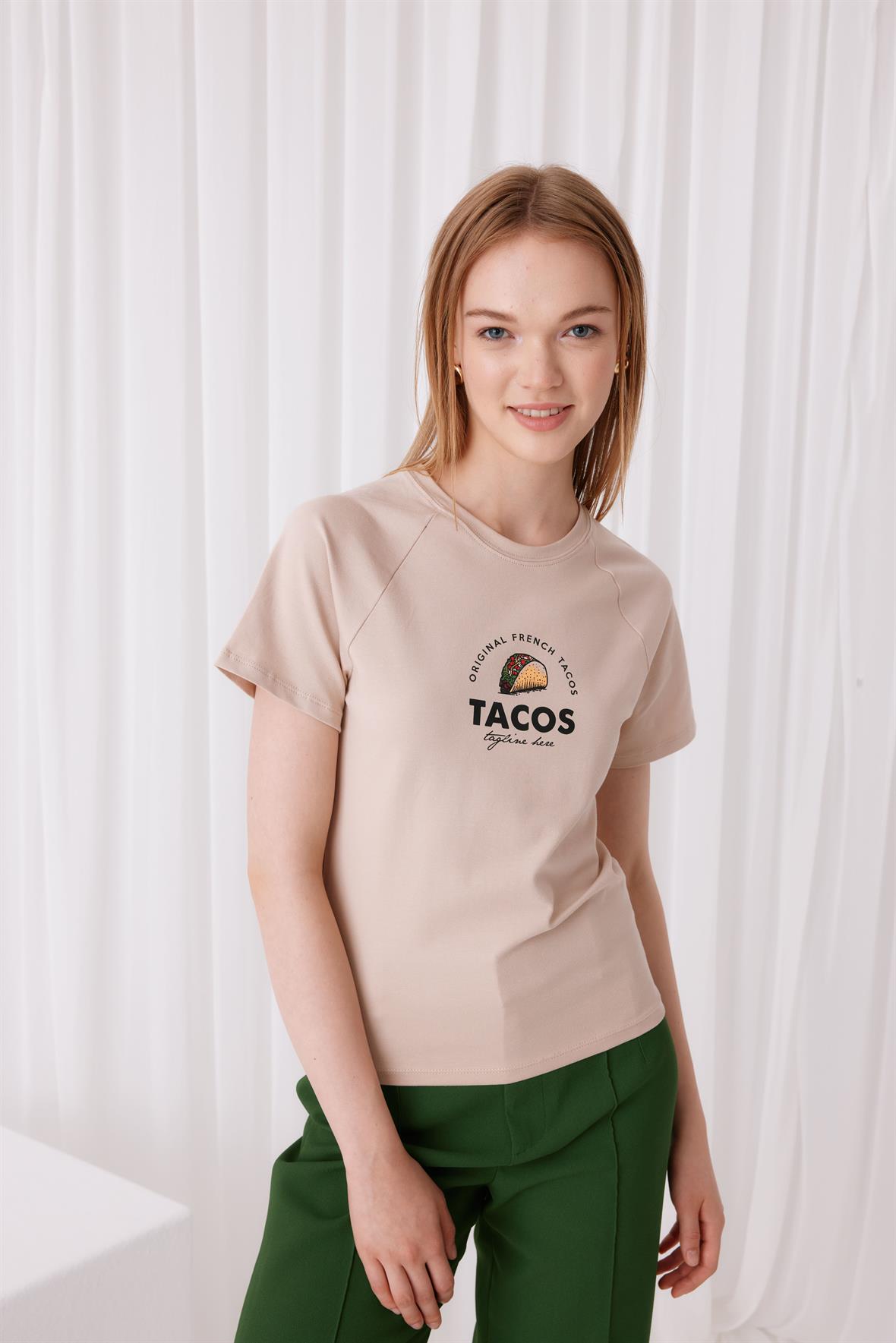 Kadın Tacos Baskılı Kısa Kollu T-Shirt