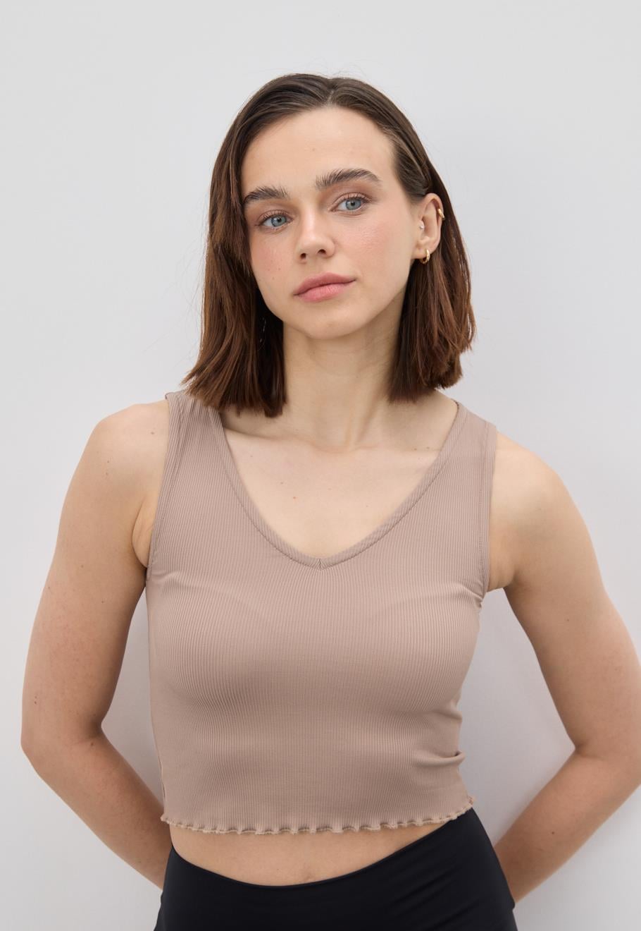 Kadın Vizon V Yaka Crop Bluz