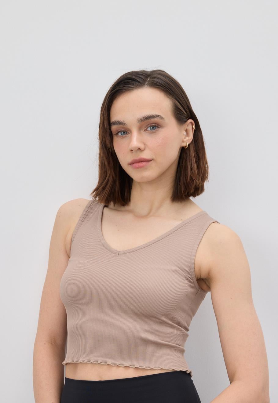 Kadın Vizon V Yaka Crop Bluz