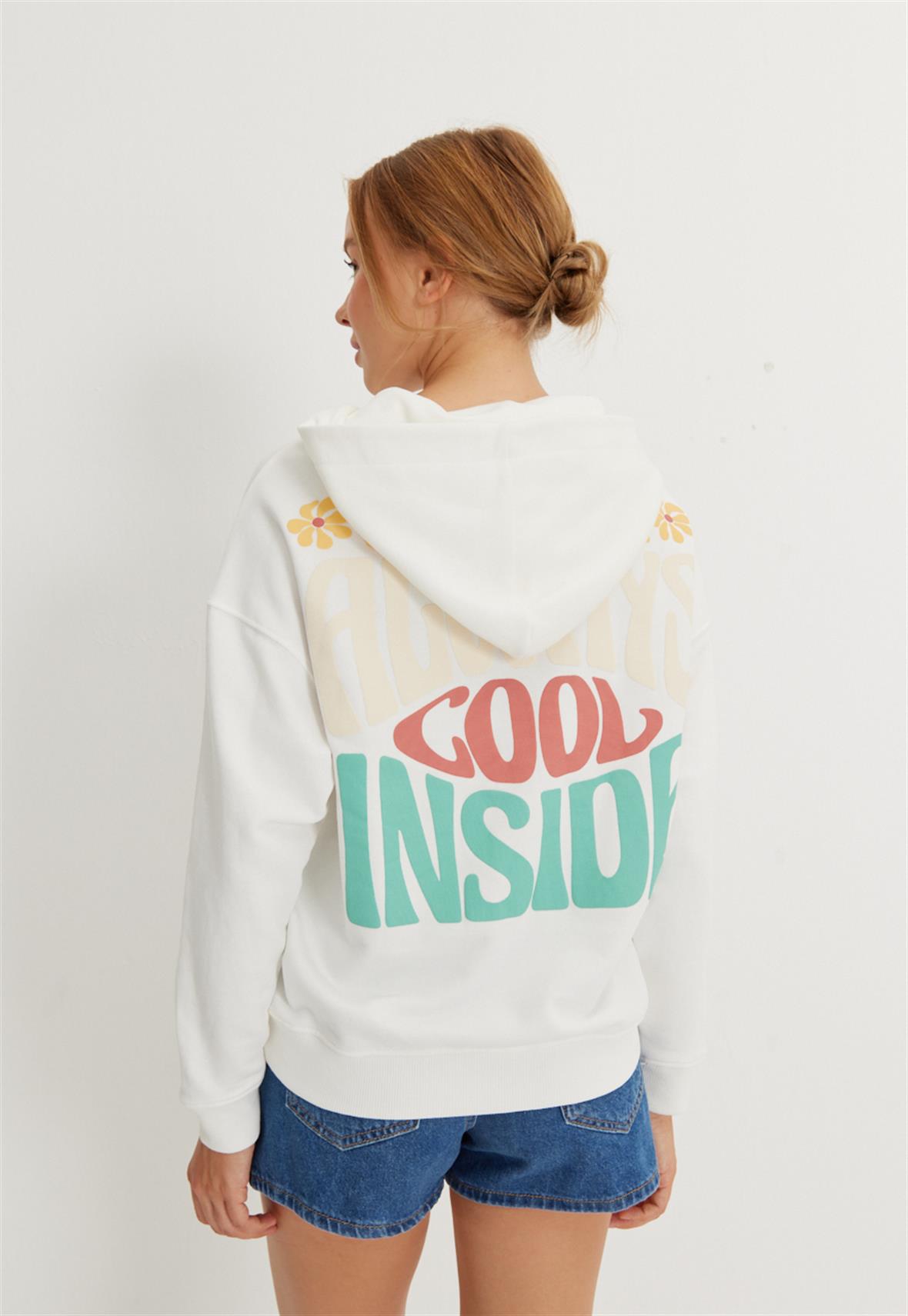 Kapüşonlu Fermuarlı Baskı Detaylı Sweatshirt