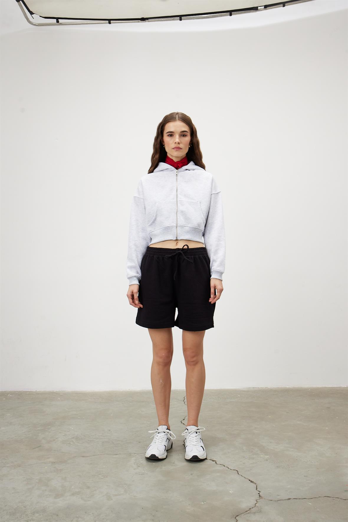 Kadın Kar Melanj Kapüşonlu Şardonlu Crop Sweatshirt Hırka