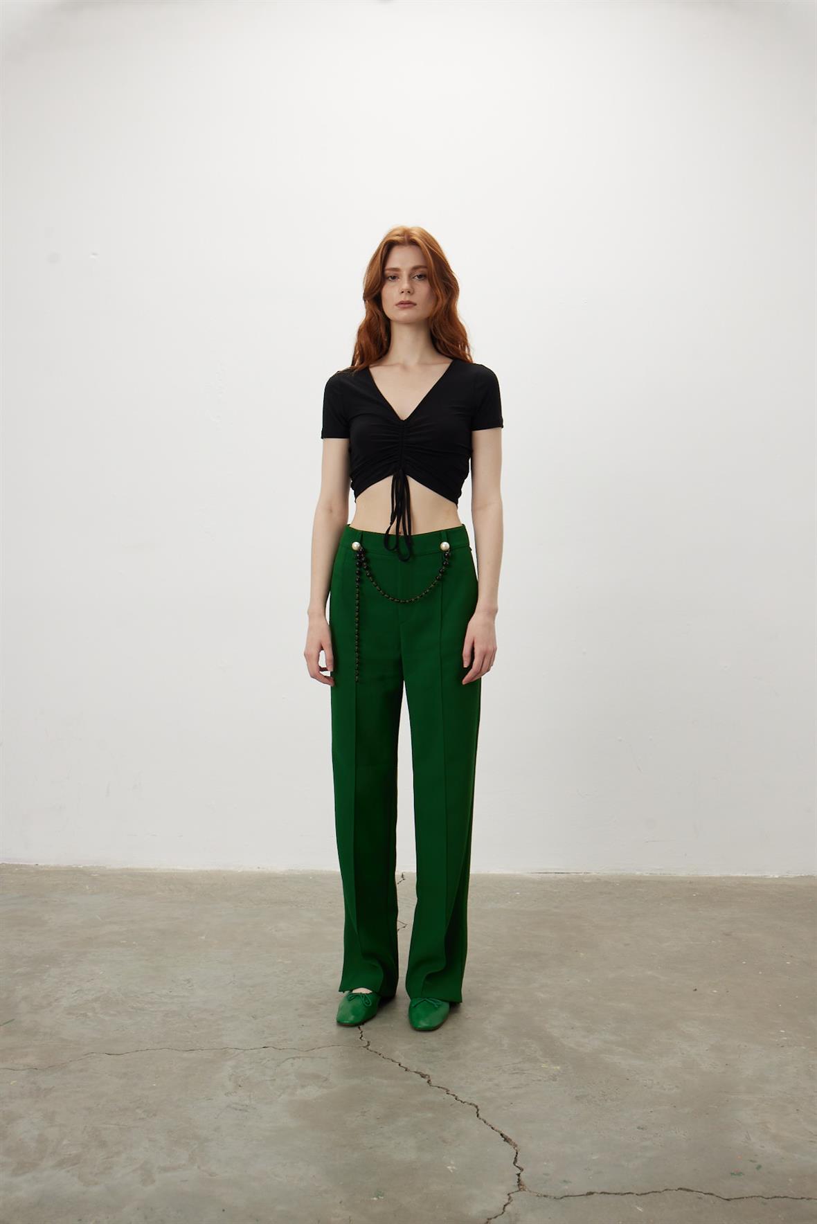 Ortası Büzgülü V Yaka Crop Bluz