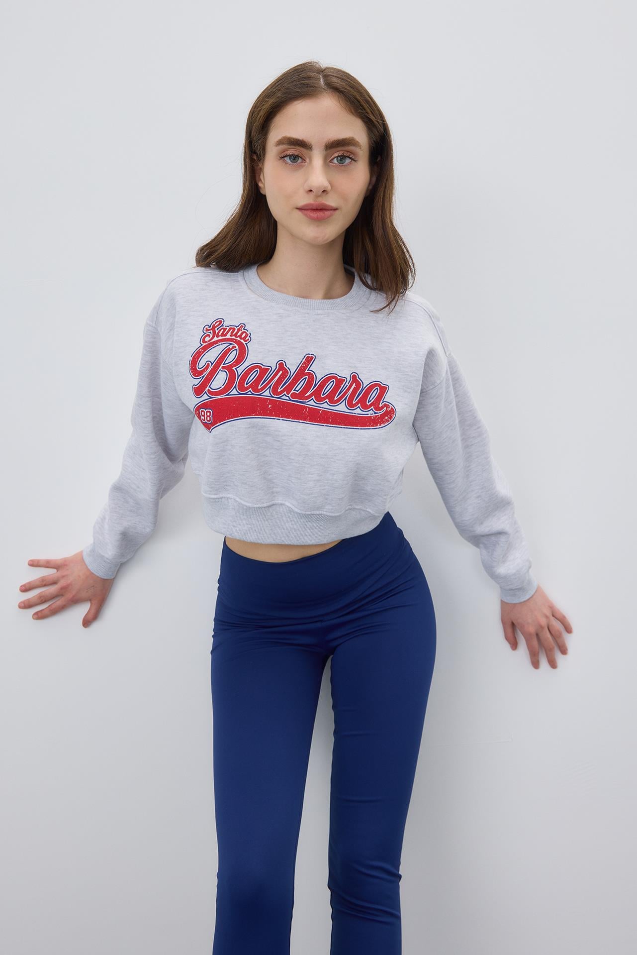 Santa Barbara Baskılı Kar Melanj Şardonlu Crop Sweatshirt