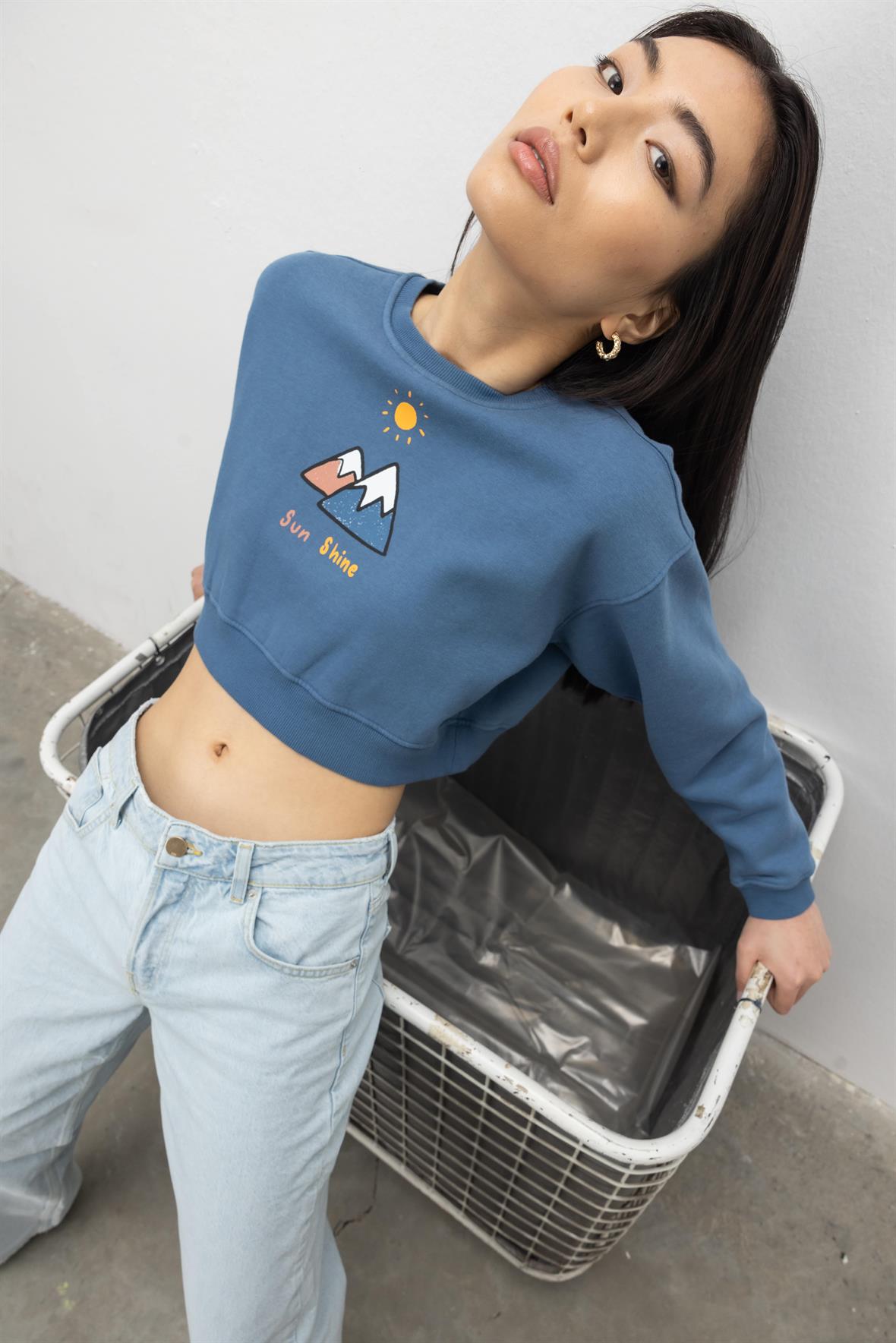 Sun Shine Baskılı Şardonlu Crop Sweatshirt