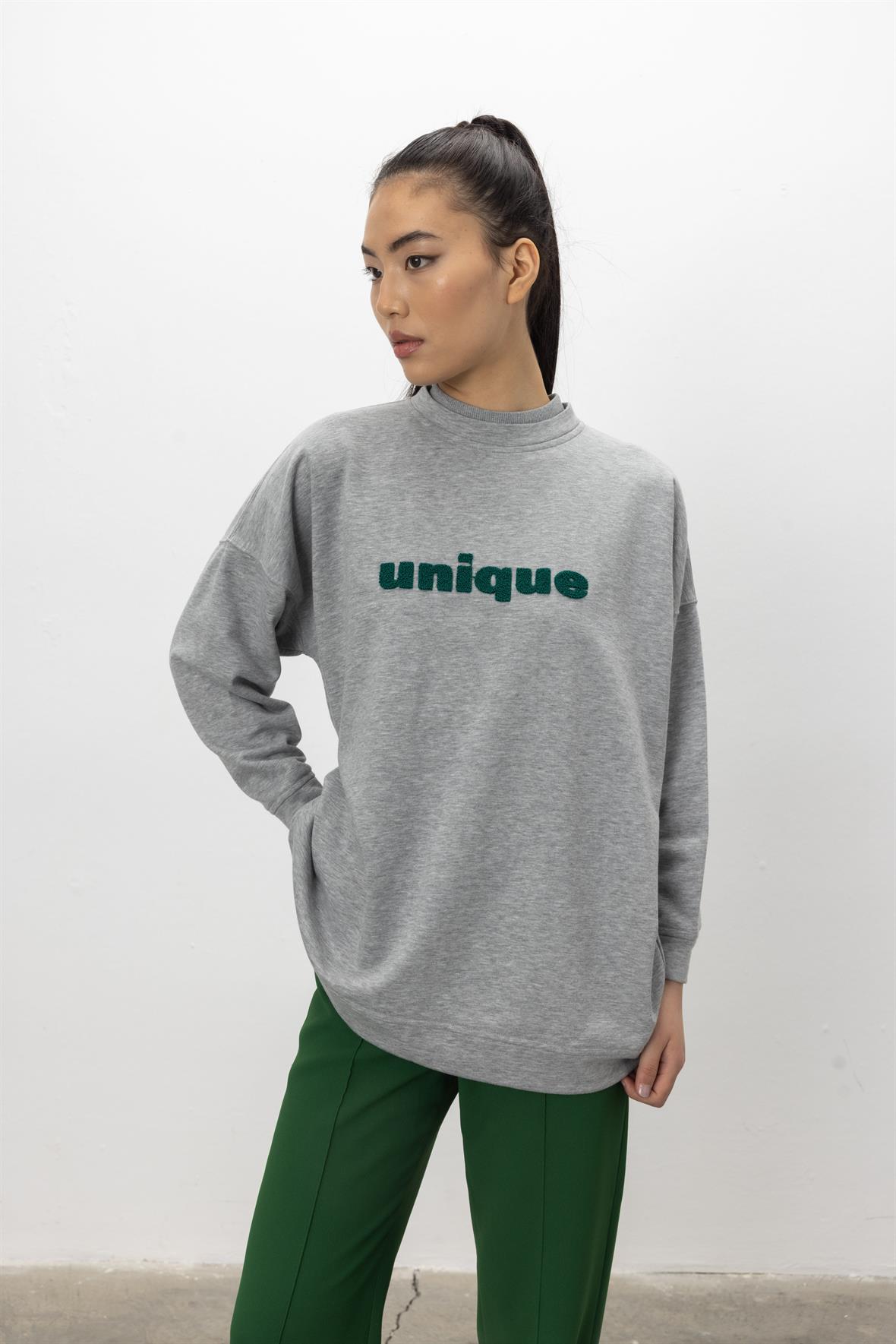 Unique Nakış İşlemeli Gri Melanj Sweatshirt