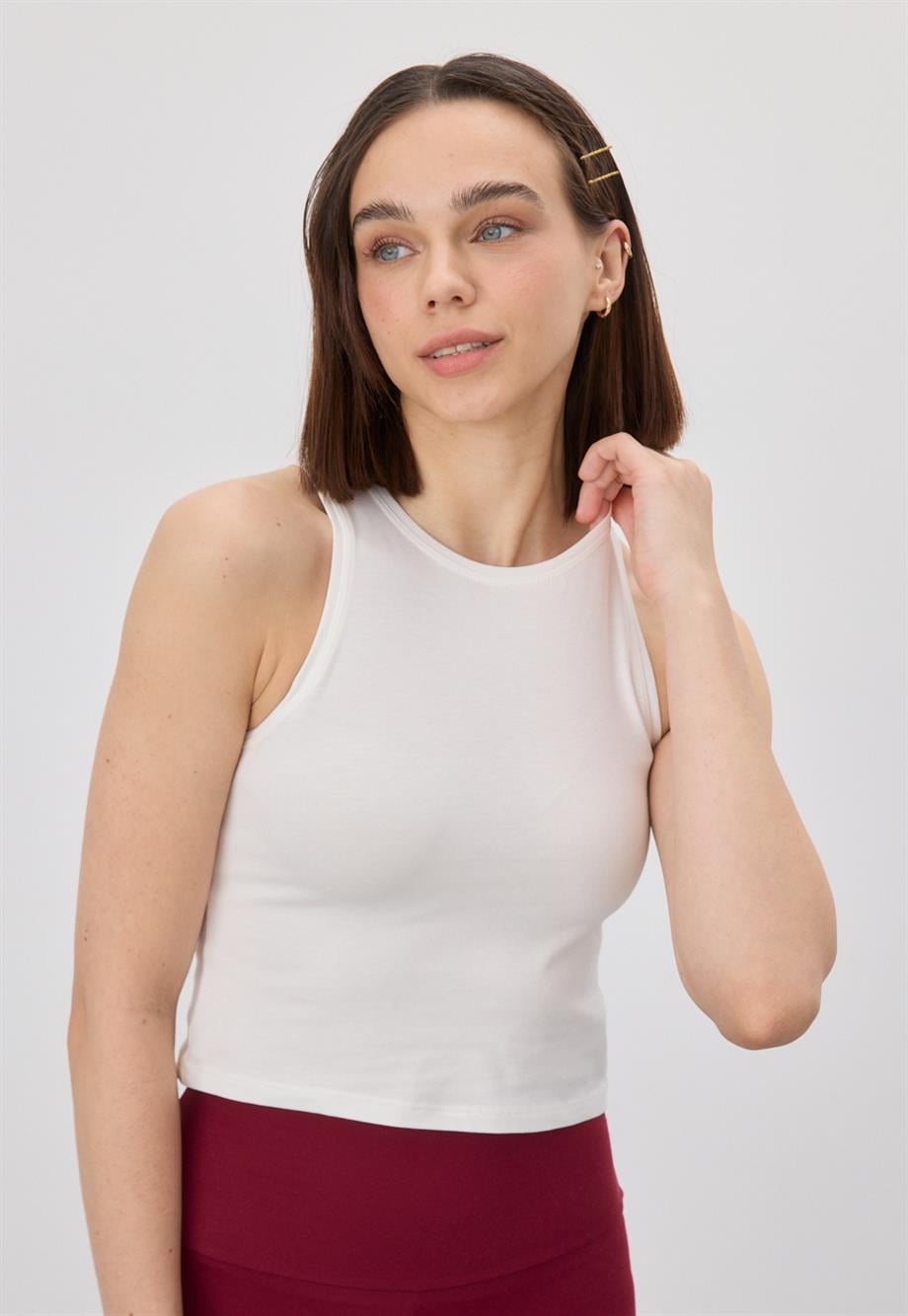 Bisiklet Yaka Sıfır Kol Crop Bluz