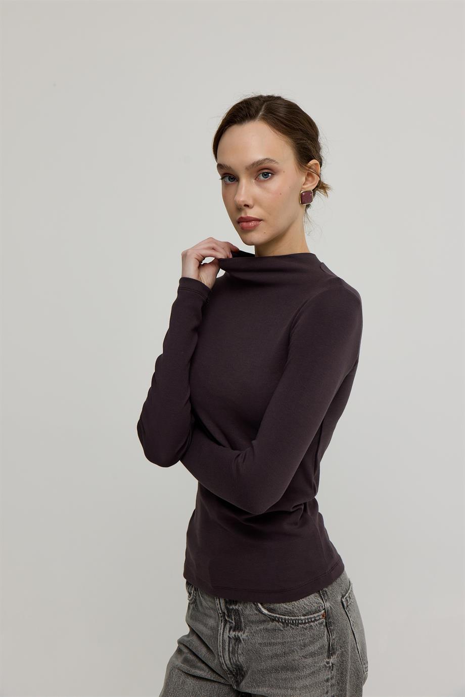 Kadın Acı Kahve Basic Boğazlı Uzun Kollu Body