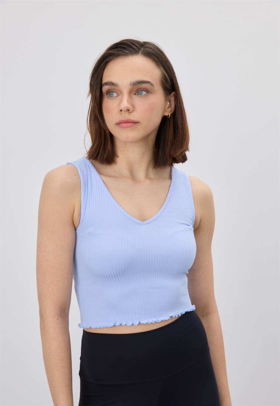 Kadın Açık Mavi V Yaka Crop Bluz