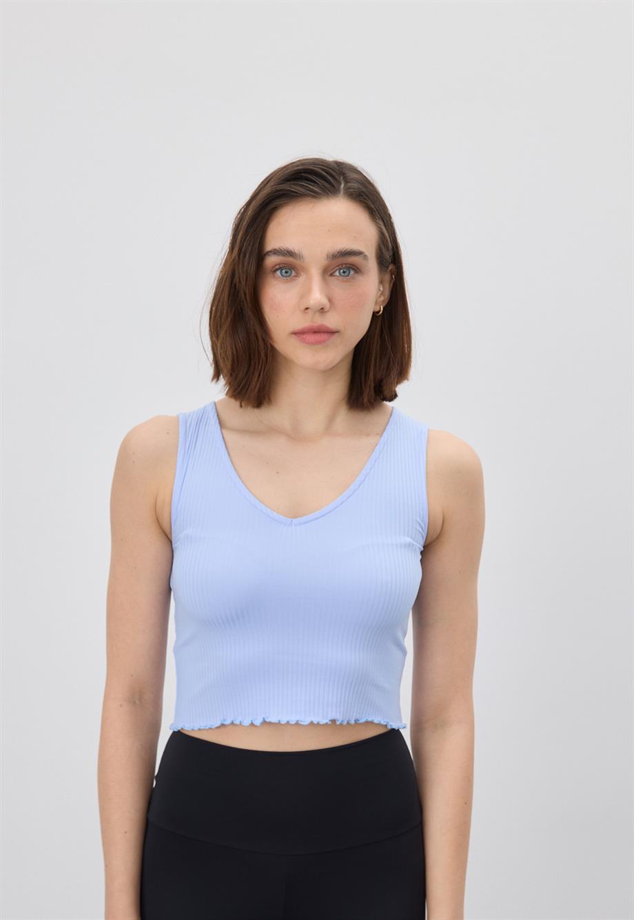 Kadın Açık Mavi V Yaka Crop Bluz