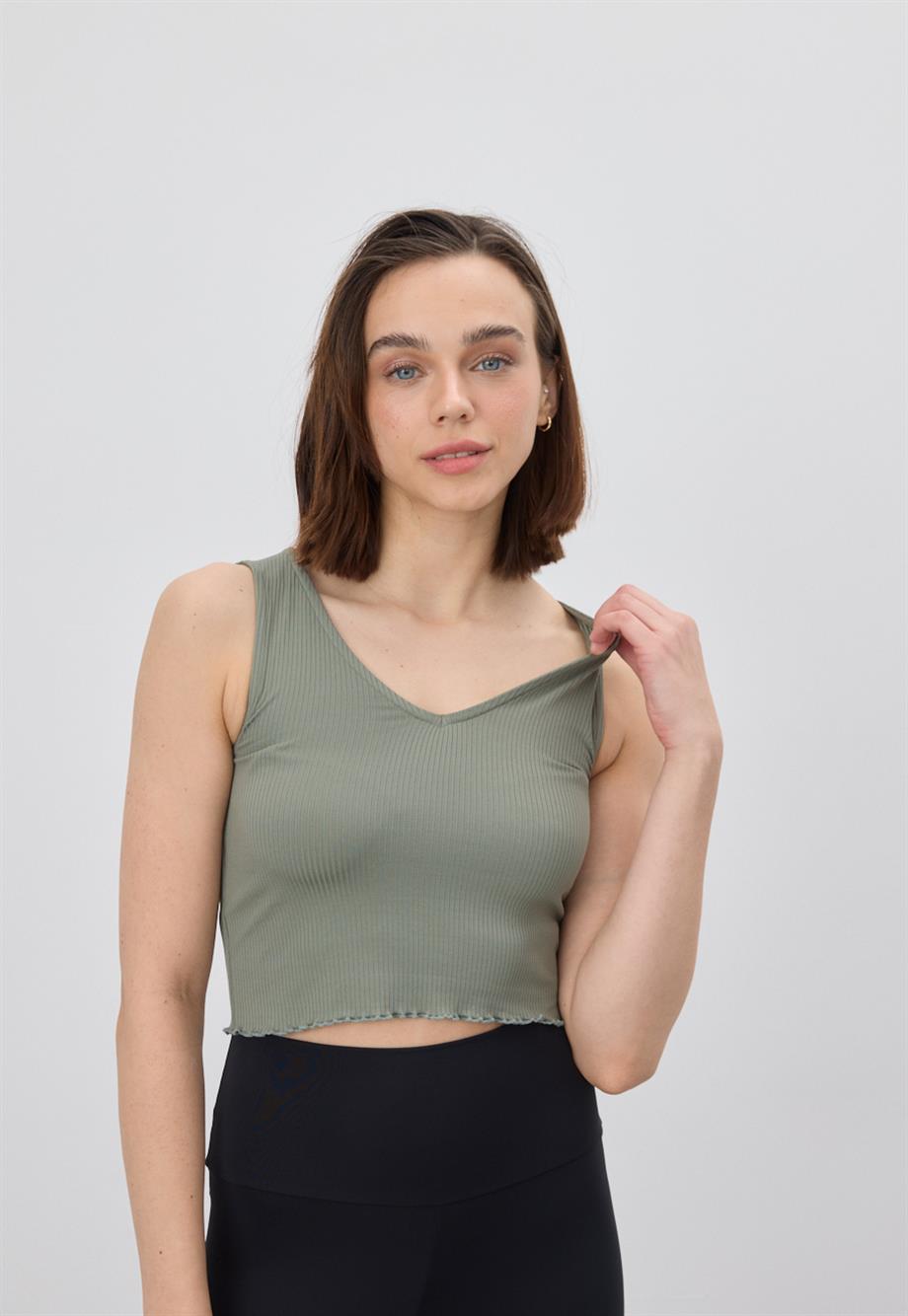 Kadın Açık Yeşil V Yaka Crop Bluz