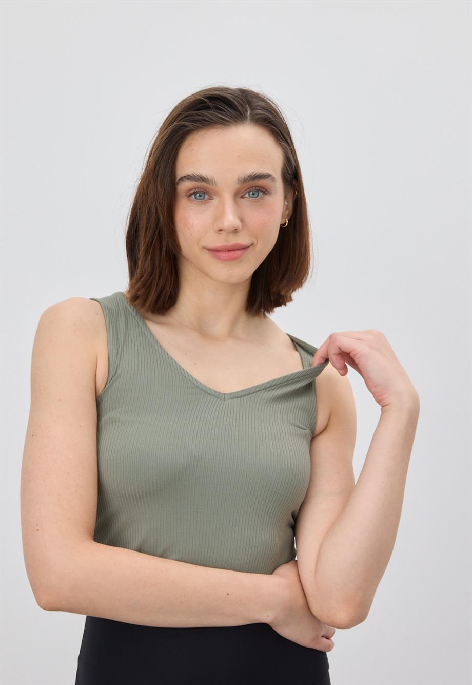 Kadın Açık Yeşil V Yaka Crop Bluz