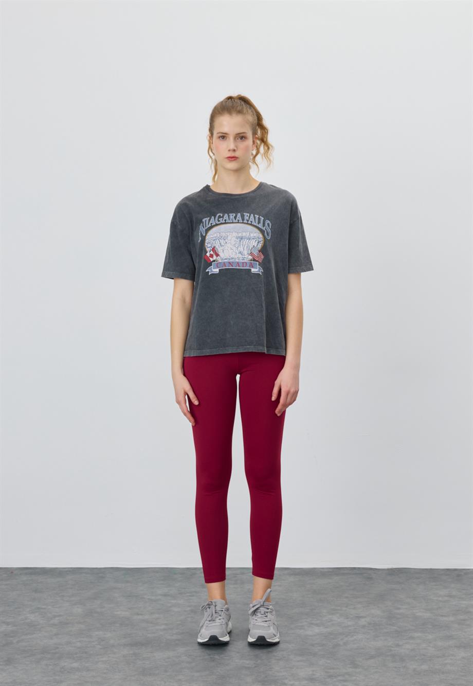 Kadın Antrasit Renk Niagara Falls Baskılı T-Shirt