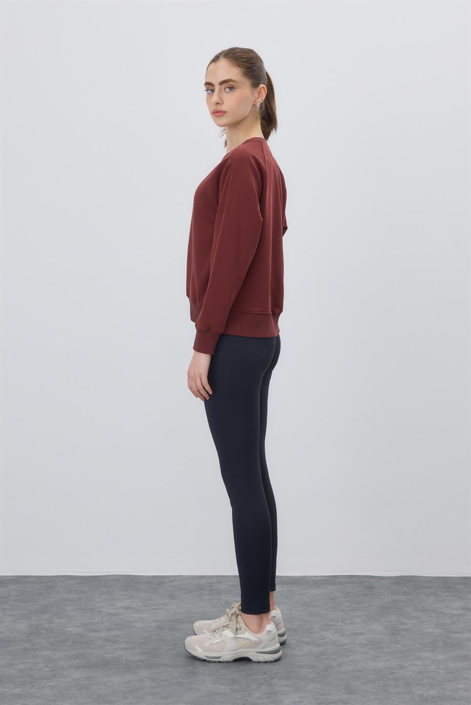 Kadın Basic Şardonsuz Çikolata Renk Sweatshirt