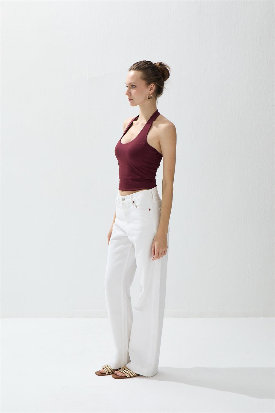Kadın Bordo Renk Halter Yaka Crop Bluz