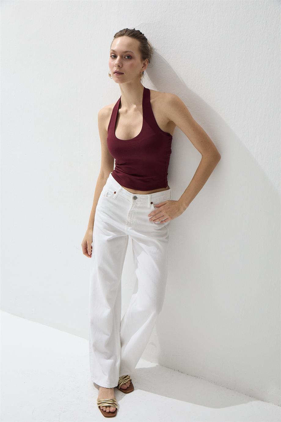 Kadın Bordo Renk Halter Yaka Crop Bluz