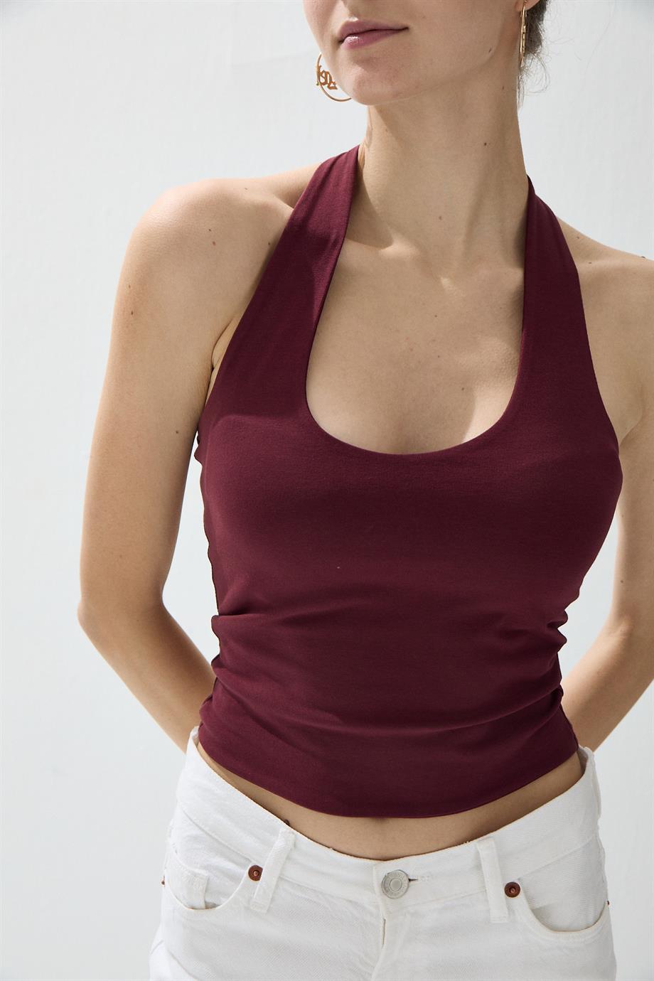 Kadın Bordo Renk Halter Yaka Crop Bluz