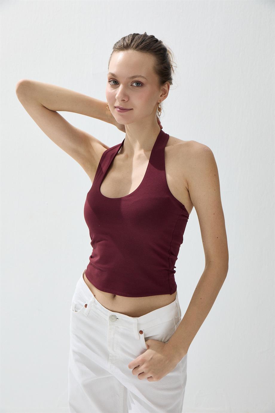Kadın Bordo Renk Halter Yaka Crop Bluz