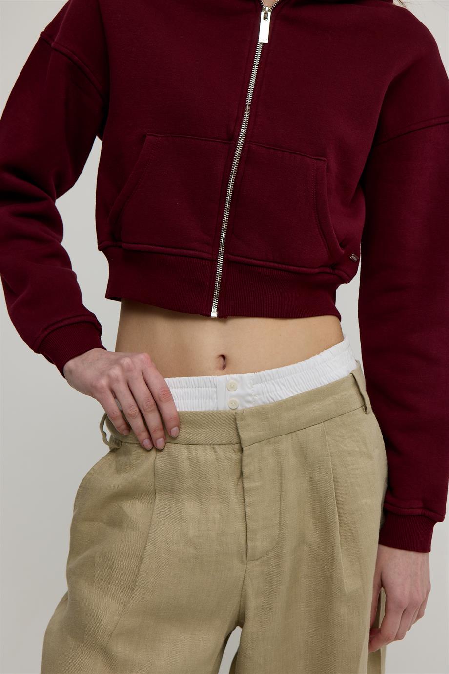 Kadın Bordo Renk Kapüşonlu Crop Sweatshirt Hırka