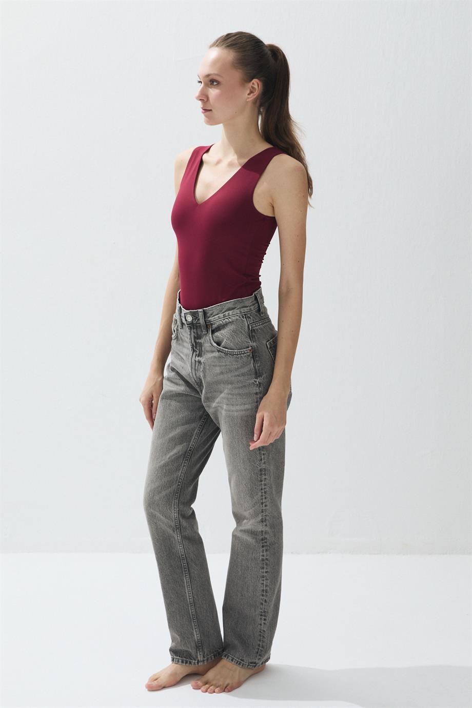Kadın Bordo Renk V Yaka Çıtçıtlı Body