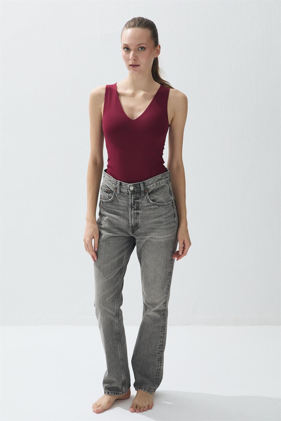 Kadın Bordo Renk V Yaka Çıtçıtlı Body
