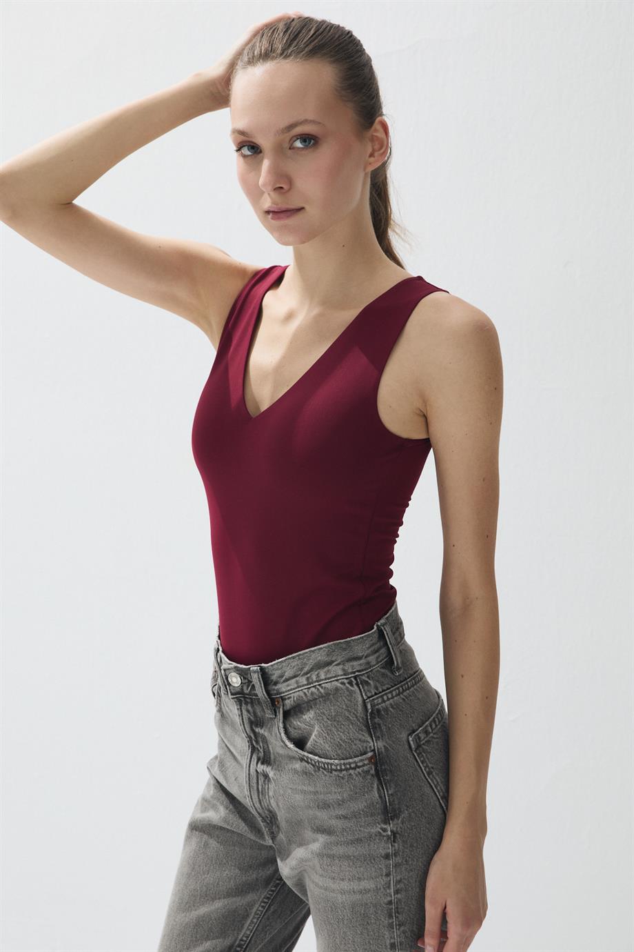 Kadın Bordo Renk V Yaka Çıtçıtlı Body