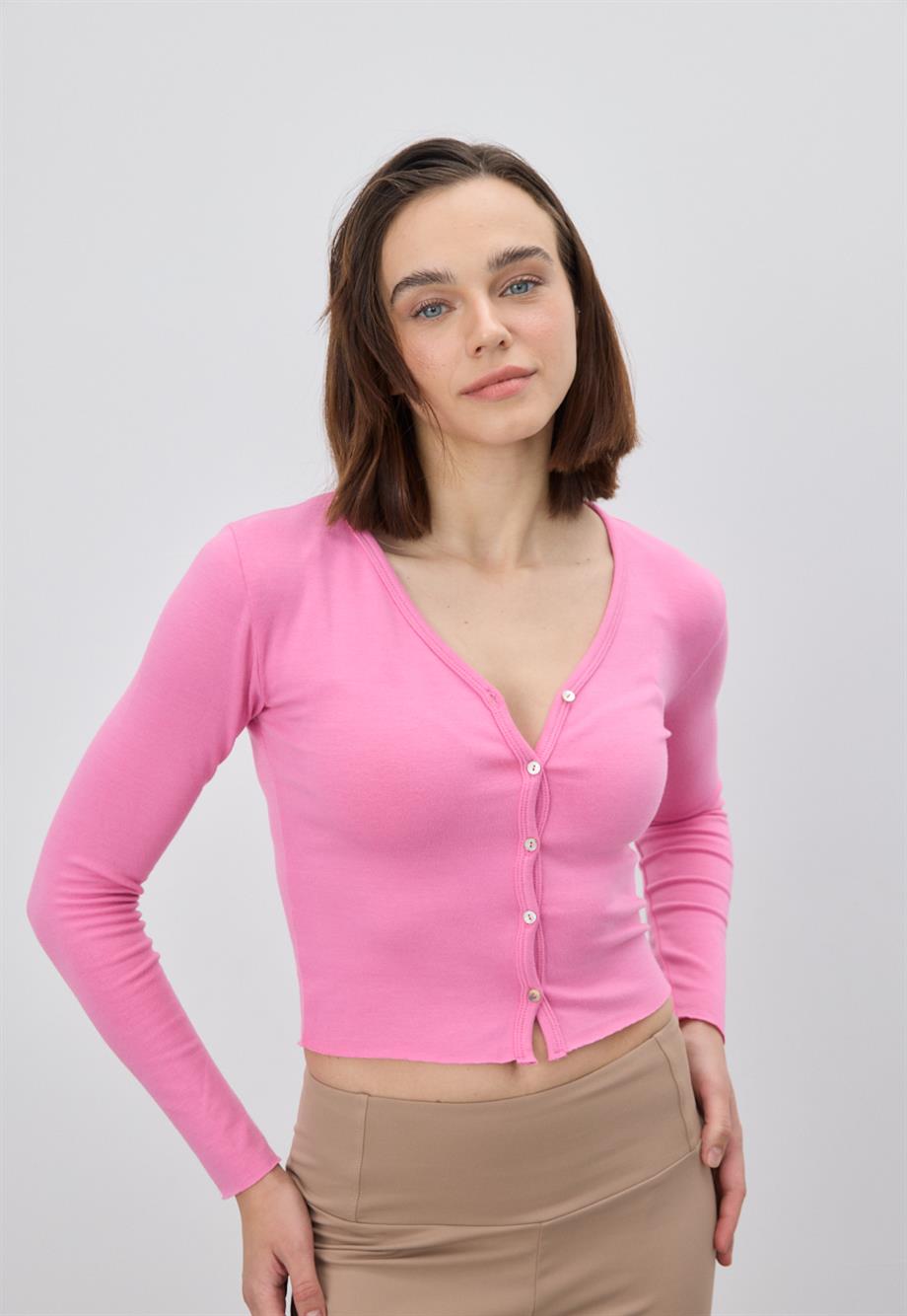 Kadın Düğmeli V Yaka Pembe Crop Hırka 