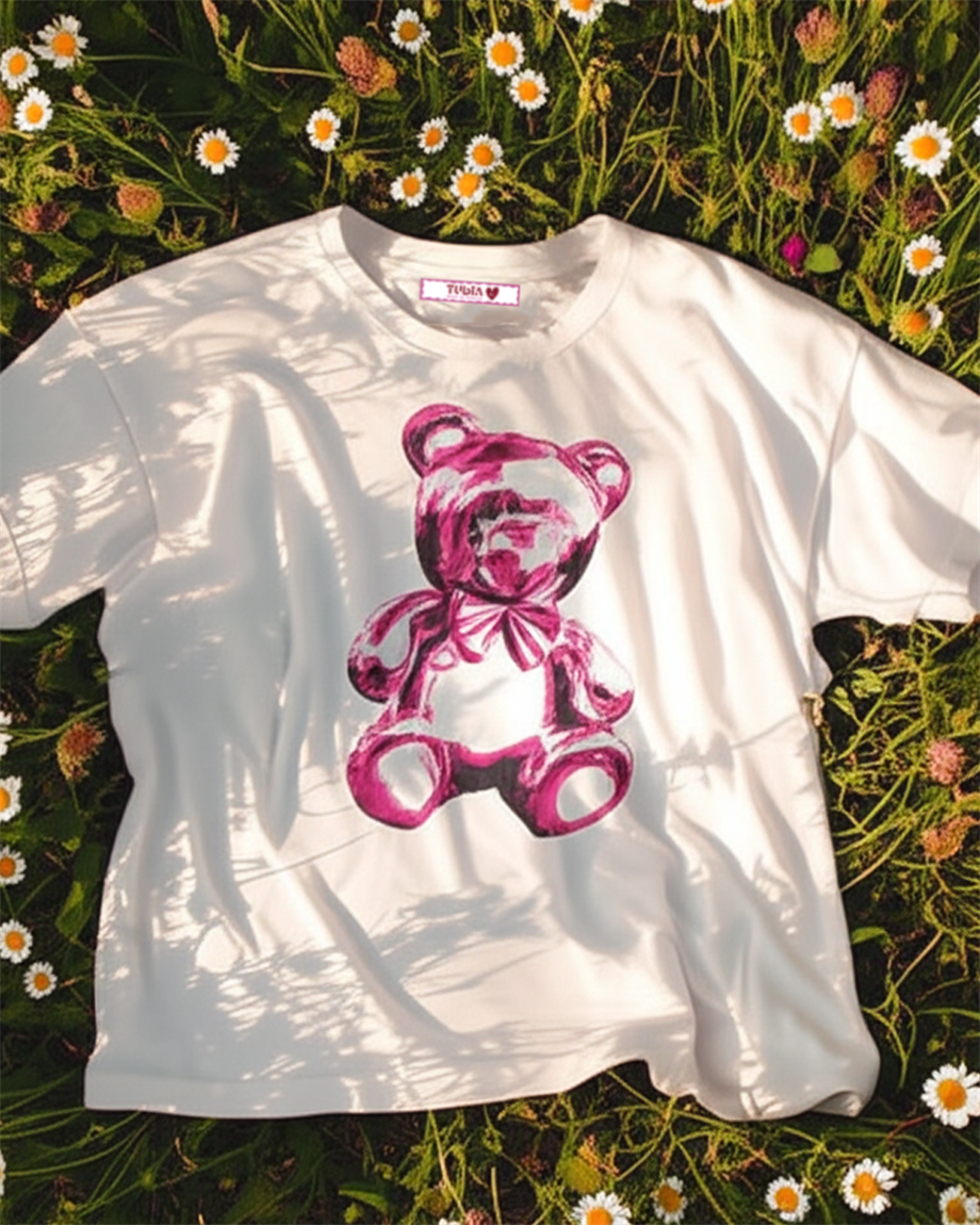 Kadın Ekru Ayıcık Baskılı Oversize T-shirt