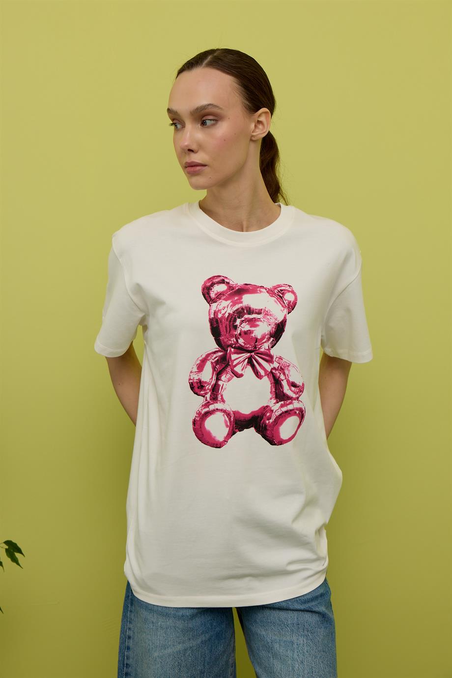 Kadın Ekru Ayıcık Baskılı Oversize T-shirt