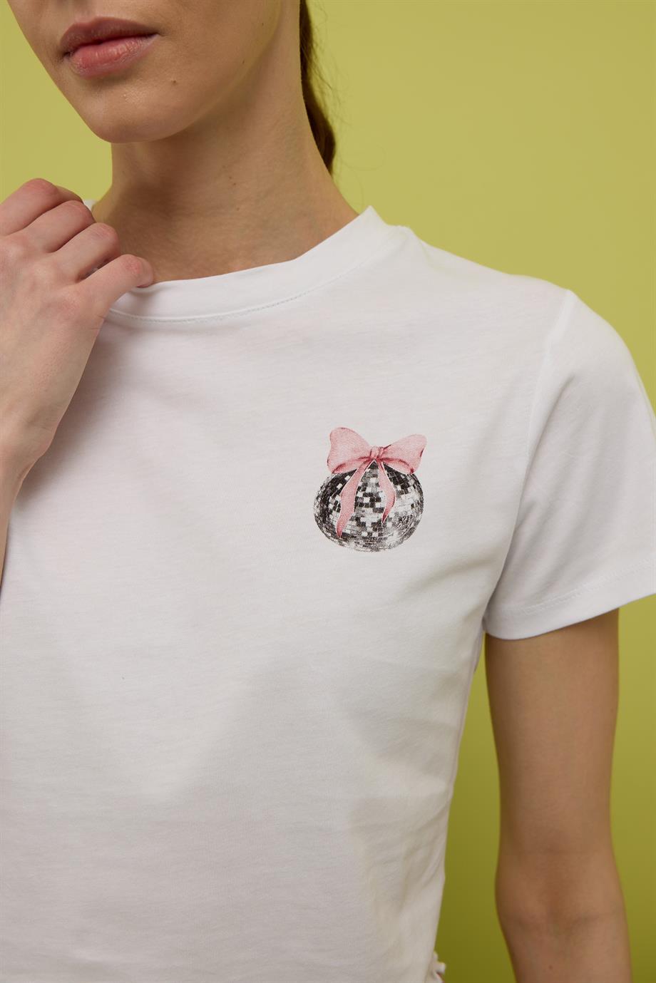Kadın Ekru Disko Topu Baskılı Kısa Kollu T-shirt