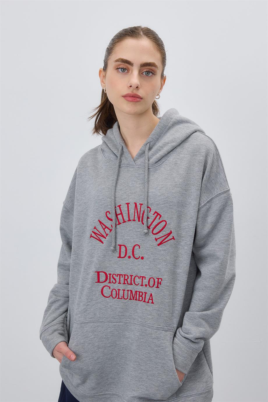 Kadın Gri Renk Baskılı Kapüşonlu Oversize Sweatshirt