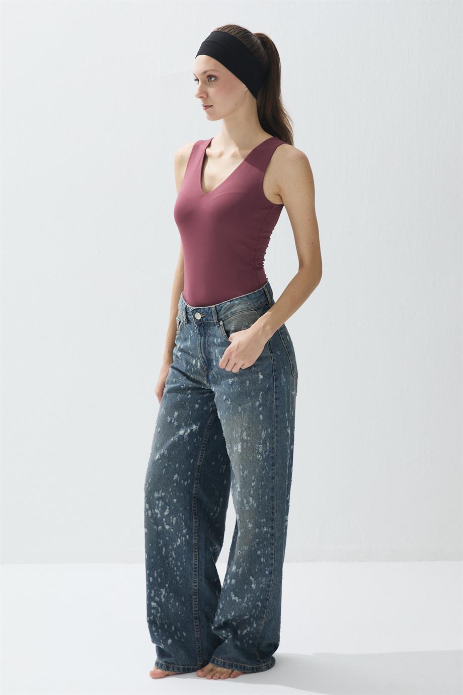 Kadın Gül Kurusu V Yaka Çıtçıtlı Body