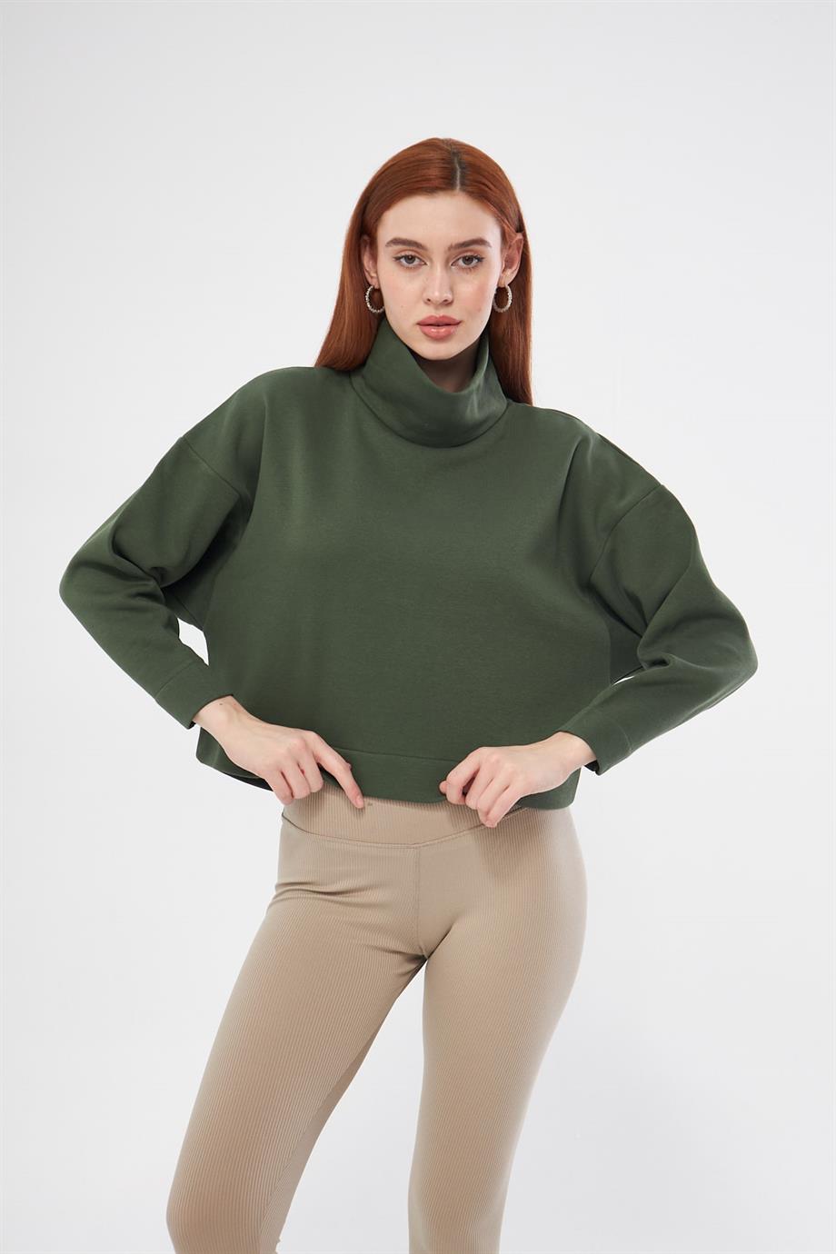 Kadın Haki Balıkçı Yaka Sweatshirt