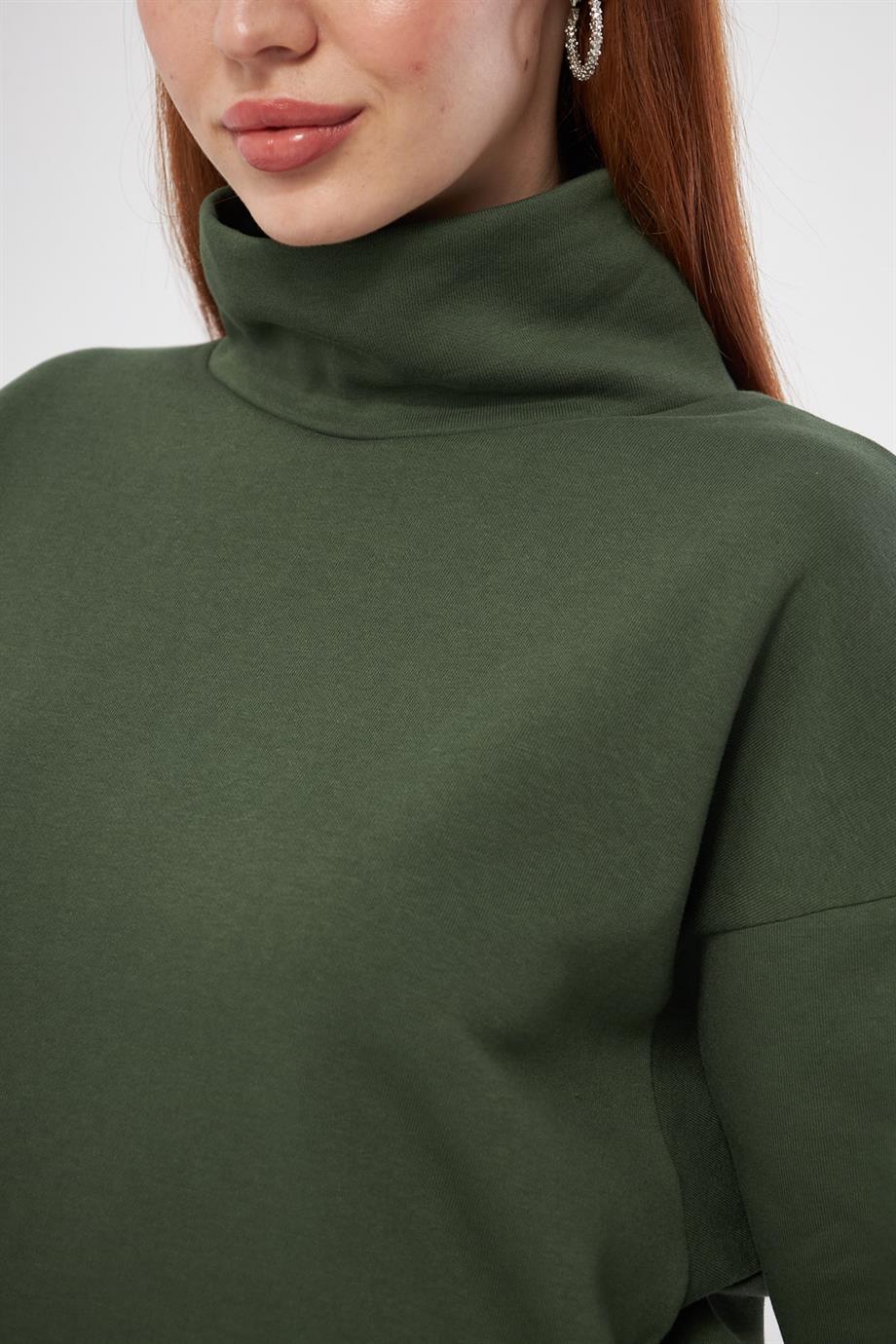 Kadın Haki Balıkçı Yaka Sweatshirt