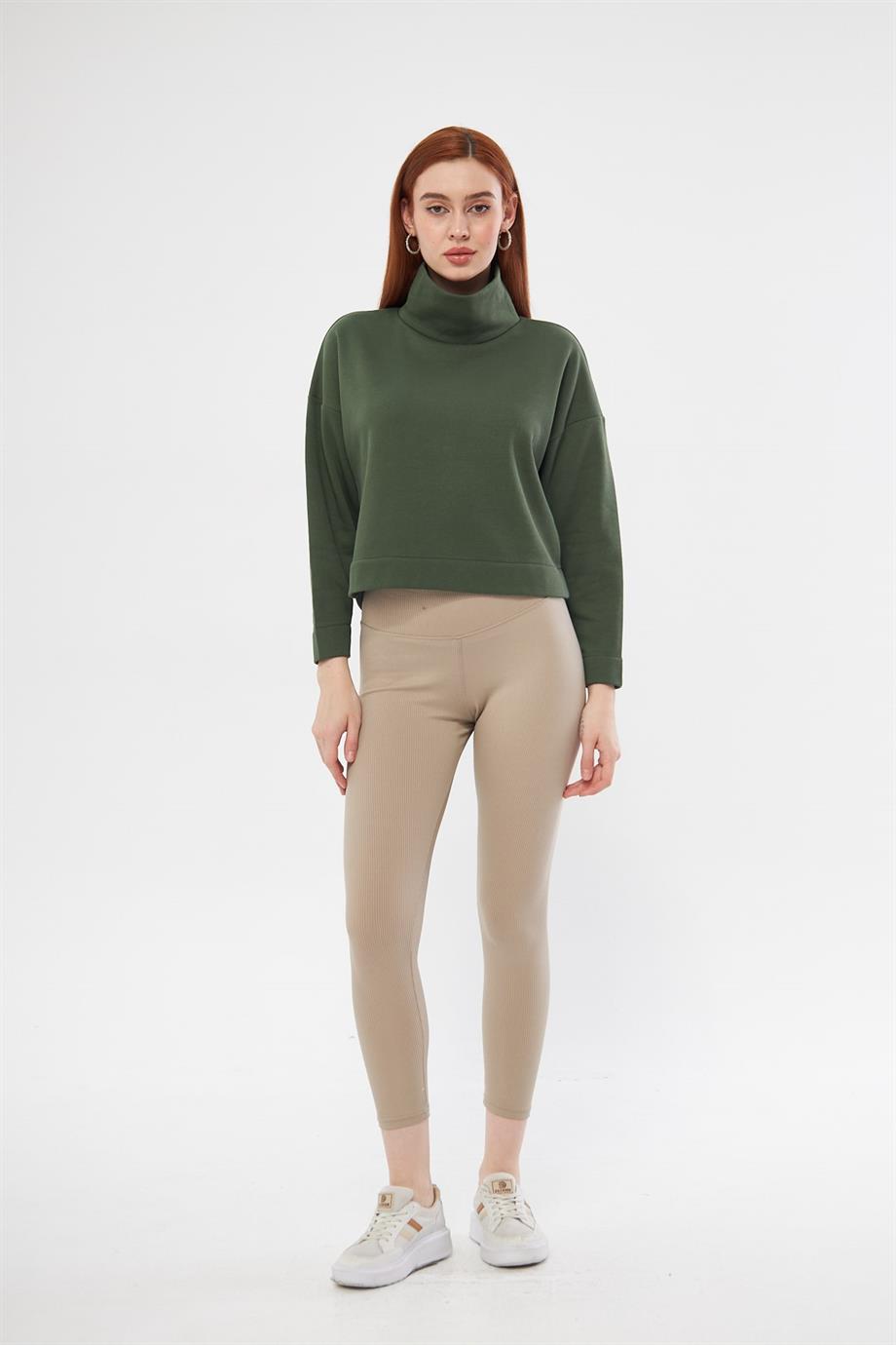 Kadın Haki Balıkçı Yaka Sweatshirt